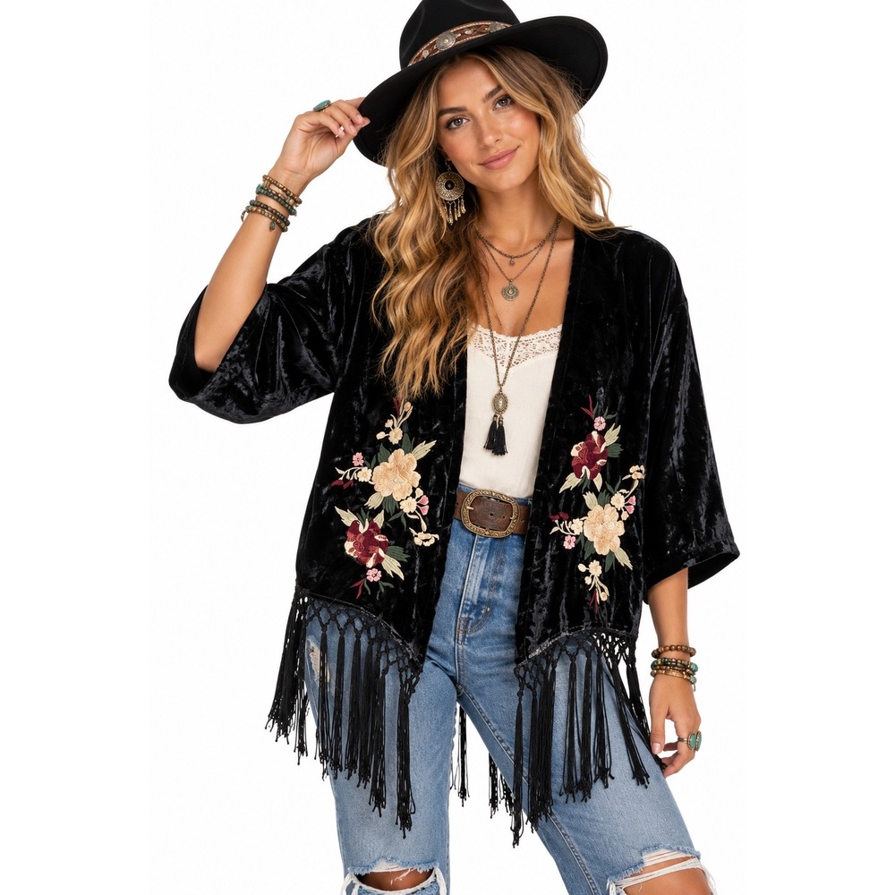 Abercrombie & Fitch Black Velvet Floral Embroidered Fringe Kimono OS